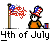 Animated contact sheet of 14 frames showing a patriotic 4th of July character interacting with American flags, fireworks, and text elements in pixel art style.