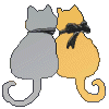 Two cartoon cats sit side-by-side with gray and yellow bodies, black bows on their backs, tails curled into a heart shape in the second frame.
