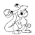 Pixelated grayscale figure with large black eyes, a curved body, and multiple limbs in dynamic pose against white background.