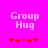 Pixelated 'Group Hug' text above five red heart icons on a bright pink background, with one heart changing color between frames.
