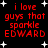 Red pixelated text on black background with white stars, displaying 'i love guys that sparkle EDWARD' in four identical with slight star position variations