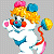 Pixelated cartoon character with blonde hair and colorful accessories on left, green text logo on right against gray background.