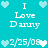Pixelated turquoise background with repeated white text "I Love Darry" and date "2/25/08", surrounded by light blue and white heart icons.