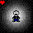 Pixelated character with white hair and black outfit stands in four circular gray halos against dark background, red hearts at top corners and bottom center.