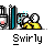Animated contact sheet of a pixel art buddy icon showing a stick figure interacting with a syringe-like object across five frames, labeled "Swirly" below each frame on gray background.