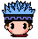 Pixel art character with blue spiked hair and purple headband, showing multiple facial expressions across a