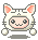 Pixel art character in white cat-eared hood with orange inner ears, pink cheeks, and gray stripes on the hood; four expressions shown: wide eyes, closed eyes smiling, squinting mouth open, and squinting mouth closed.