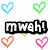 Four pixelated heart shapes surround a central black-and-white text block reading 'mwh!' with a yellow accent below.
