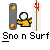 Pixel art icon shows a yellow-shirted figure holding a gray cylindrical object with red-yellow pixels and a white flag with red pixel art, below "Sno n Surf" text.