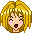 Pixel art of a character with blonde hair showing five distinct facial expressions against gray background.