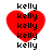 Red heart-shaped icon with repeated black text "kelly" arranged vertically above and below the heart on a white background.