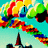 A colorful pixelated animation with rainbow stripes, a church steeple background, and changing text reading 'i', 'love', 'you' across frames.