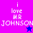 Pixelated text reads "i love MR JOHNSON" on a split background of pink and blue with two star symbols.