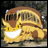 Yellow and brown animated cat bus with large yellow eyes and wide white smile, set against blurred green background.
