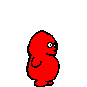 Red pixelated character in multiple poses against gray background, showing front, back, side views with varied expressions and limbs.