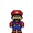 Pixelated character in red cap with white 'M', blue overalls, and brown shoes against gray background.