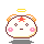Pixelated character with white face, orange ears, pink cheeks, and red star on forehead; yellow halo above head; blue Japanese text below.