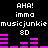 Pixelated text and audio visualizer bars on black background with repeated phrases 'AHA! imma musicjunkie 8D' in white, pink bars changing height.