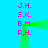 A static image with a bright blue background displays two vertical of pink text and green lines forming an arch shape between them