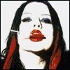 Six static images of a woman with dark hair and red lipstick arranged in two , each showing different poses and backgrounds