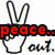 six identical peace sign hand gestures with "peace.." text in different colors above each and "out." below, arranged in two