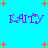 Pixelated purple text 'KAITY' repeated four times on a bright cyan background with scattered orange starbursts.