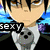 Anime-style character with black hair and blue aura, shown in three cropped views with text overlays reading 'sexy', 'when', and 'angry <3'.