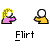 Pixel art animation of two figures in yellow and pink clothing interacting with heart symbols, labeled "Flirt" beneath each frame.