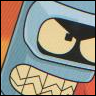 Close-up of a cartoon character's face with large eyes and a wide grin, featuring blue and orange background elements.