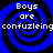 Four identical blue and black spiral patterns with white text reading 'Boys are confuzleing' arranged in a on a solid black background