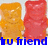 Pixelated gummy bears in orange and red hues with overlaid blue text fragments on a white background.