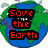 Pixelated Earth graphic with red text overlays on green and blue background, adjacent to brown textured surface with red text.