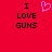 Red background with black text 'I LOVE GUNS' on both sides and a pink pixelated heart symbol between them.