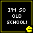 Four identical black squares with yellow borders display "I'M SO OLD SCHOOL!" text and a yellow Pac-Man icon in the bottom-right corner of each square.