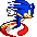 Pixelated blue hedgehog with red shoes and white gloves in four sequential motion frames showing running animation.