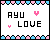 Pixelated graphic with 'AYU LOVE' text, pink hearts, and alternating pink-blue border hearts on white background.