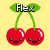 Pixel art cherry icon with green leaves, red fruit, smiling faces, and 'Flex' text above.