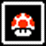 Pixelated icon shows red mushroom with white spots on black background, green leafy plant with white outline, and white star with two eyes.