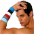 Pixelated image of a person with dark hair wearing blue and red wristbands, hand raised to forehead in a gesture.