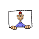 Animated cartoon character with red hair and blue shirt peeks from white frame, showing facial expression changes.