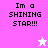 Pixelated text "Im a SHINING STAR!!!" on pink and light blue backgrounds with two star icons, one white and one pink.