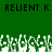 Green background with black text "RELIENT K" repeated twice at top, white and green pixelated shapes resembling grass or foliage along the bottom.