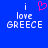 Blue background with white pixelated text 'i love GREECE' and a pink heart symbol above the left 'i'.