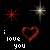 Pixelated static icon featuring a red starburst, multicolored sparkler-like shape, heart outline, and text 'i love you' on black background.
