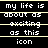 Black background with white pixelated text reading "my life is about as exciting as this icon" in three horizontal , each separated by a thin yellow line