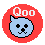 Two side-by-side pixel art frames of a blue cat mascot inside a red circular border with white "Qoo" text above, showing different facial expressions.