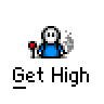 Animated contact sheet of a pixel art character in blue shirt holding red object, cycling through various poses and table interactions with smoke effects.