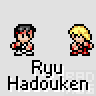 A 5x5 contact sheet of pixel art frames showing a character performing the Ryu Hadouken move from Street Fighter, with visible animation cycles and repeated text labels beneath each frame.