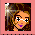 Pixelated avatar of a woman with brown hair and purple lips on pink background, surrounded by fragmented text in purple font.