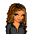 Pixelated digital image of a female character with curly brown hair, wearing a dark gray top and blue jeans holding a black handbag, surrounded by text labels.